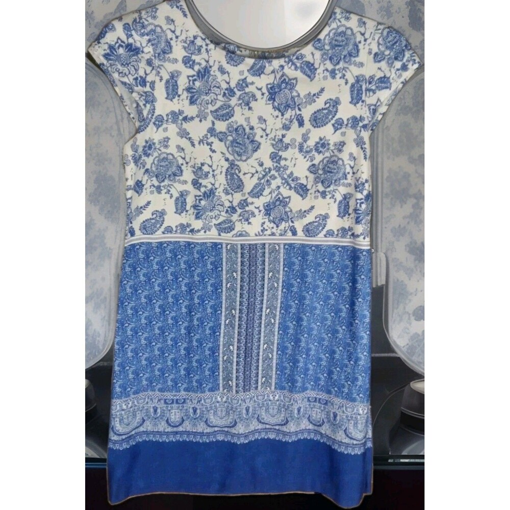 Madison Leigh Dress Sz 8 Blue Floral Cap Sleeves Zip Cotton - Picture 2 of 11